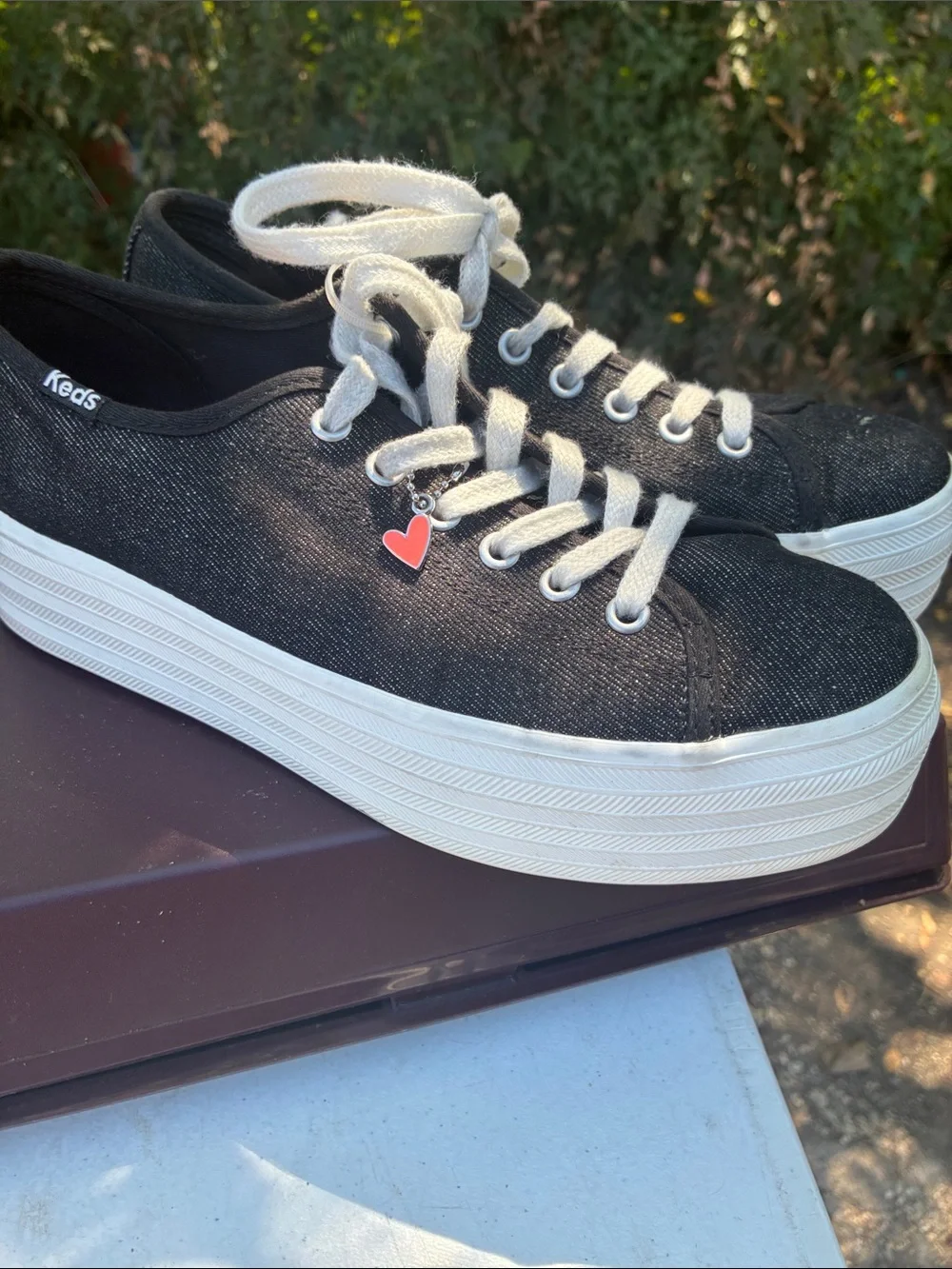 Keds Black Canvas Lace-Up Sneakers with Pink Heart Charm